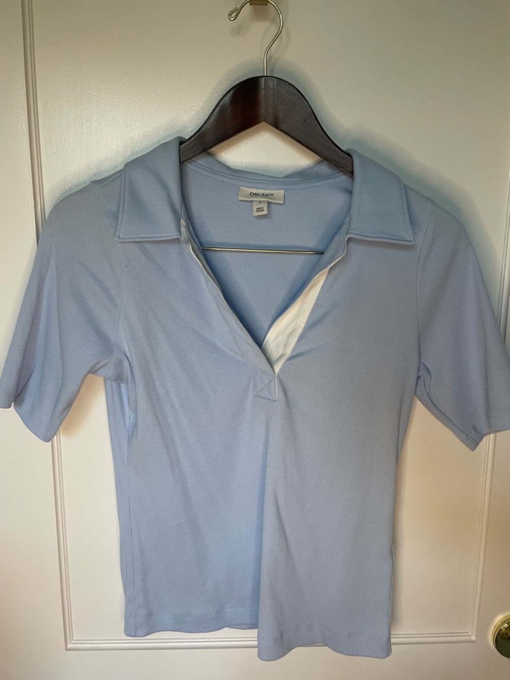 One Stop Light Blue Polo-Style Short Sleeve Blouse